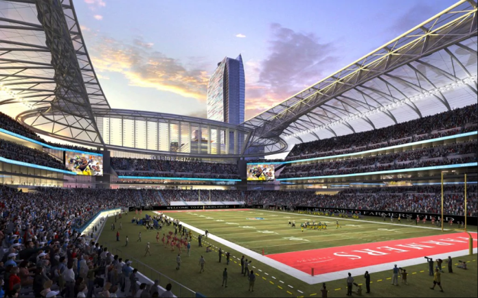 Image Courtesy of the Associated Press. Image of what would have been the Los Angeles Rams/Chargers (NFL) Stadium in partnership with AEG and Farmers Insurance at L.A. Live.