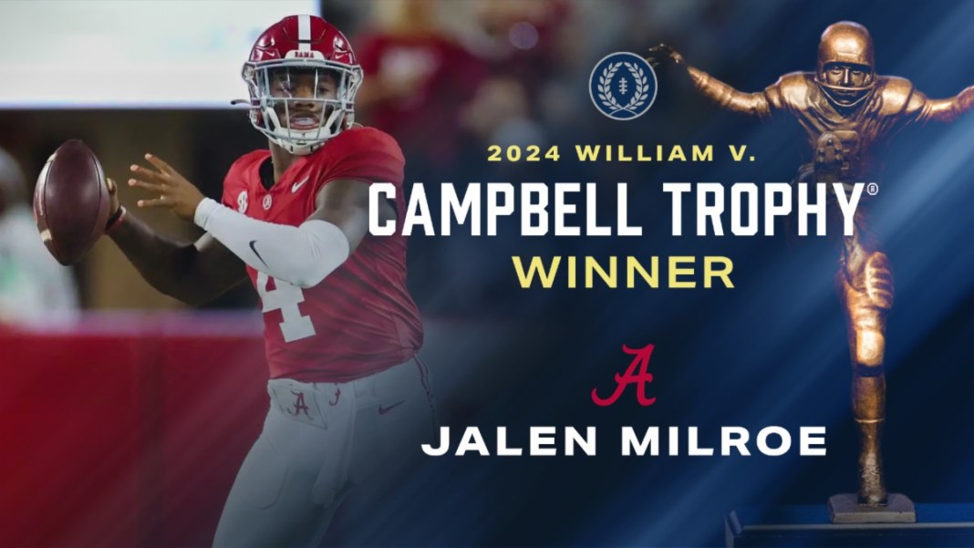 Alabama QB Jalen Milroe Awarded NFF’s 35th William V. Campbell Trophy Alabama QB Jalen Milroe Awarded NFF’s 35th William V. Campbell Trophy